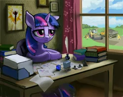 Size: 3508x2780 | Tagged: artist:vombavr, book, bored, curtains, derpibooru import, desk, diploma, dump truck, ink, office, paper, picture, quill, safe, stamp, steam roller, twilight sparkle, vehicle, window