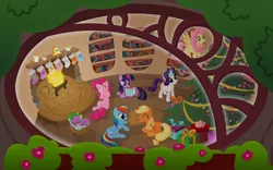 Size: 2560x1600 | Tagged: safe, artist:capt-nemo, derpibooru import, applejack, fluttershy, pinkie pie, rainbow dash, rarity, spike, twilight sparkle, book, candle, christmas, christmas tree, clock, eyes closed, fire, fireplace, golden oaks library, inside, interior, library, magic, mane seven, mane six, mouth hold, present, sleeping, telekinesis, tree, window