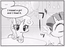 Size: 546x395 | Tagged: safe, derpibooru import, rarity, sweetie belle, pony, unicorn, ..., comic, exploitable meme, female, filly, i kissed a girl, katy perry, many many pony, mare, meme, monochrome, mug, song reference, spit take