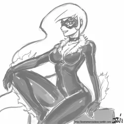 Size: 800x800 | Tagged: artist:johnjoseco, black cat, breasts, cleavage, cosplay, curvy, derpibooru import, female, grayscale, human, humanized, looking at you, marvel, monochrome, princess celestia, safe, smiling, solo