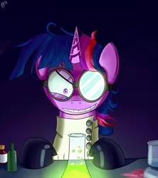 Size: 800x900 | Tagged: artist:paradigmpizza, derpibooru import, goggles, laboratory, mad scientist, safe, science, scientist, that pony sure does love science, twilight sparkle