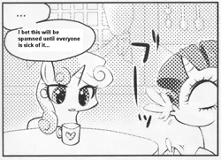 Size: 546x395 | Tagged: safe, derpibooru import, rarity, sweetie belle, pony, unicorn, ..., exploitable meme, female, filly, many many pony, mare, meme, meta, monochrome, mug, spit take