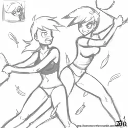 Size: 800x800 | Tagged: artist:johnjoseco, belly button, breasts, clothes, derpibooru import, female, females only, gilda, grayscale, human, humanized, monochrome, pillow, pillow fight, rainbow dash, scootaloo, source needed, stalkerloo, suggestive, underwear