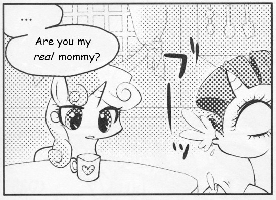 Size: 546x395 | Tagged: safe, derpibooru import, rarity, sweetie belle, pony, unicorn, ..., exploitable meme, female, filly, many many pony, mare, meme, monochrome, mug, spit take