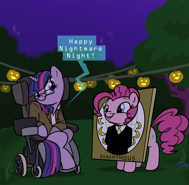 Size: 1019x1000 | Tagged: safe, artist:professor-ponyarity, derpibooru import, pinkie pie, twilight sparkle, earth pony, pony, unicorn, :t, anonymous, banana, costume, cute, female, glasses, grin, lip bite, mare, night, nightmare night, sitting, smiling, speech bubble, standing, stephen hawking, wheelchair