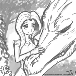 Size: 800x800 | Tagged: artist:johnjoseco, derpibooru import, dragon, fluttershy, grayscale, human, humanized, monochrome, safe