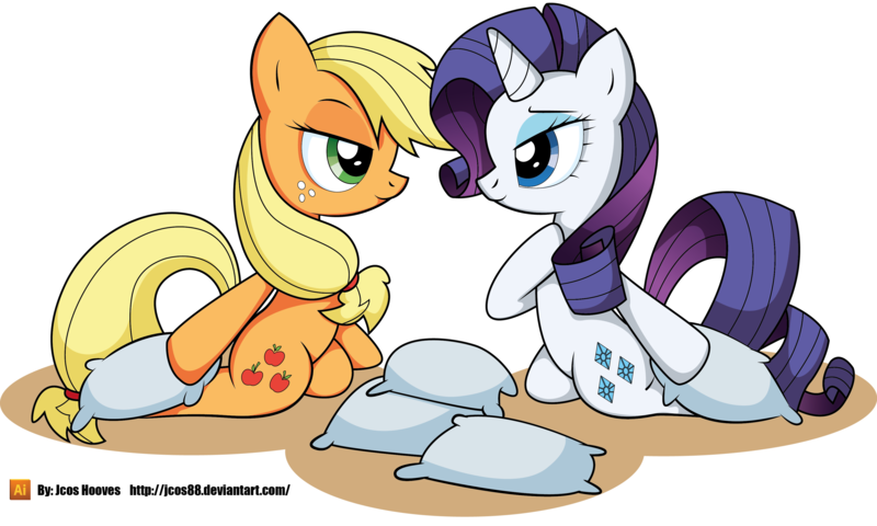 Size: 3611x2166 | Tagged: safe, artist:jcosneverexisted, derpibooru import, applejack, rarity, bedroom eyes, female, lesbian, pillow, rarijack, shipping, simple background, transparent background, vector