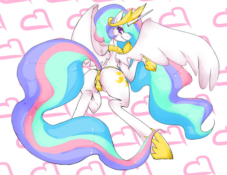 Size: 900x695 | Tagged: suggestive, artist:side-job, derpibooru import, princess celestia, pony, bedroom eyes, bipedal, clothes, female, heart, looking at you, looking back, panties, plot, smiling, solo, solo female, spread wings, underwear