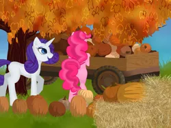 Size: 1024x768 | Tagged: artist:firegoddess2148, autumn, derpibooru import, pinkie pie, pumpkin, rarity, safe, seasonal