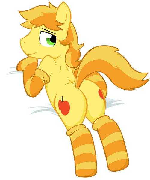 Size: 1539x1844 | Tagged: artist:acstlu, braeburn, braebutt, clothes, derpibooru import, looking back, male, plot, prone, socks, solo, solo male, stallion, striped socks, suggestive