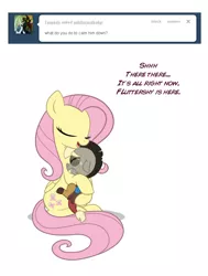 Size: 714x945 | Tagged: safe, artist:anima-dos, derpibooru import, discord, fluttershy, draconequus, pegasus, pony, ask baby discord, age regression, ask, baby, baby discord, baby draconequus, comforting, cradling, crying, cute, dialogue, discute, duo, duo male and female, eyes closed, female, frown, hug, male, sad, simple background, smiling, tumblr, white background