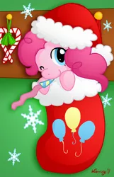 Size: 581x900 | Tagged: artist:angelbless, candy, candy cane, christmas, christmas stocking, cute, cutie mark, derpibooru import, diapinkes, food, holiday, one eye closed, party horn, pinkie pie, safe, snow, snowflake, solo, wink