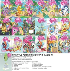 Size: 1000x1012 | Tagged: safe, derpibooru import, idw, angel bunny, apple bloom, applejack, derpy hooves, doctor whooves, fluttershy, gummy, opalescence, owlowiscious, pinkie pie, princess celestia, princess luna, rainbow dash, rarity, scootaloo, spike, spitfire, sweetie belle, tank, time turner, twilight sparkle, vinyl scratch, winona, zecora, pegasus, pony, zebra, comic, cover, covers, female, idw advertisement, mare, official comic, wonderbolts