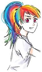 Size: 270x460 | Tagged: artist:snelahestar, derpibooru import, humanized, ponytail, rainbow dash, safe, solo