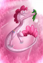 Size: 896x1300 | Tagged: artist:weirdofish, derpibooru import, dragon, dragonified, gummy, pink background, pinkiedragon, pinkie pie, safe, simple background, species swap