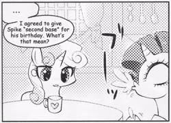 Size: 545x390 | Tagged: suggestive, derpibooru import, rarity, sweetie belle, pony, unicorn, ..., comic, exploitable meme, female, filly, many many pony, mare, meme, monochrome, mug, spit take