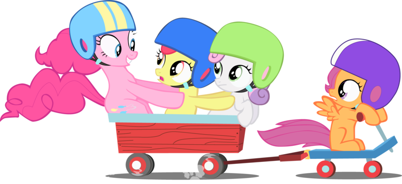 Size: 3904x1785 | Tagged: safe, artist:stinkehund, derpibooru import, apple bloom, pinkie pie, scootaloo, sweetie belle, earth pony, pegasus, pony, unicorn, cart, cutie mark crusaders, female, filly, foal, helmet, mare, scooter, simple background, transparent background, vector, wagon
