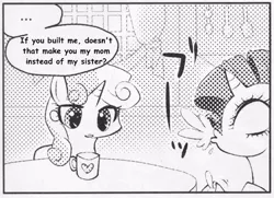 Size: 546x395 | Tagged: safe, derpibooru import, rarity, sweetie belle, pony, robot, robot pony, unicorn, ..., black and white, comic, exploitable meme, female, filly, foal, grayscale, horn, many many pony, mare, meme, monochrome, mug, spit take, sweetie bot