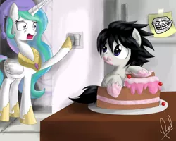 Size: 2500x2000 | Tagged: artist:zorbitas, cake, crossover, death note, derpibooru import, hat, l, l lawliet, nightcap, ponified, princess celestia, safe, trollface