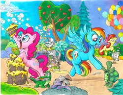 Size: 900x698 | Tagged: safe, artist:andypriceart, derpibooru import, idw, apple bloom, gummy, pinkie pie, rainbow dash, tank, zecora, alligator, earth pony, pegasus, pony, tortoise, zebra, apple, apple tree, balloon, bipedal, brew, bubble, cake, cauldron, comic cover, cover, cute, dancing, eating, flying, glowing eyes, idw advertisement, mushroom, open mouth, record, tongue out