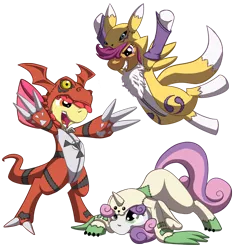 Size: 1058x1117 | Tagged: safe, artist:dsurion, derpibooru import, apple bloom, scootaloo, sweetie belle, guilmon, pony, renamon, terriermon, costume, cutie mark crusaders, digimon, digimon tamers, female, filly, foal, simple background, transparent background, trio