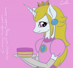 Size: 854x800 | Tagged: safe, artist:crosscjr, derpibooru import, princess celestia, pony, 30 minute art challenge, bipedal, cake, cosplay, costume, looking at you, princess peach, super mario bros.