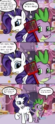 Size: 1607x3625 | Tagged: suggestive, artist:wolverfox, derpibooru import, rarity, spike, parasprite, pony, unicorn, comic, female, flyswatter, male, plot, shipping, sparity, straight