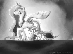 Size: 1024x768 | Tagged: artist:fongsaunder, derpibooru import, grayscale, monochrome, pipsqueak, princess luna, rain, safe