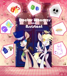 Size: 1080x1224 | Tagged: dead source, safe, artist:yuji8sushi, derpibooru import, derpy hooves, doctor whooves, time turner, earth pony, pegasus, pony, doctor who, female, mare, necktie, raised hoof, tardis