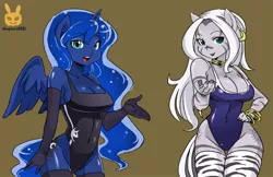 Size: 900x582 | Tagged: alternate hairstyle, ambiguous facial structure, anthro, artist:shepherd0821, breasts, clothes, derpibooru import, evening gloves, one-piece swimsuit, princess luna, school swimsuit, simple background, stockings, suggestive, swimsuit, zebra, zecora