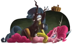 Size: 900x539 | Tagged: safe, artist:fiddlearts, derpibooru import, discord, pinkie pie, queen chrysalis, rarity, earth pony, pony, unicorn, costume, cutie mark, duo, fangs, female, horn, looking at each other, lying down, on back, one eye closed, pumpkin, smiling, wink