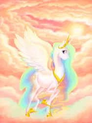 Size: 3010x4000 | Tagged: artist:bellacielo, cloud, cloudy, derpibooru import, flying, princess celestia, safe, solo