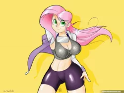 Size: 3333x2500 | Tagged: abs, artist:mrw32, belly button, big breasts, breasts, busty fluttershy, cleavage, clothes, cosplay, costume, derpibooru import, erect nipples, female, fluttershy, human, humanized, hyuuga hinata, midriff, naruto, nipple outline, simple background, smiling, solo, solo female, suggestive, windswept hair, yellow background