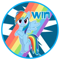 Size: 735x735 | Tagged: safe, artist:zobe, derpibooru import, rainbow dash, pegasus, pony, abstract background, crossed hooves, female, looking at you, mare, outline, round, smug, solo, spread wings, win, wings
