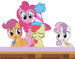 Size: 3500x2769 | Tagged: apple bloom, artist:dipi11, cutie mark crusaders, derpibooru import, hat, party hat, party horn, pinkie pie, sad, safe, scootaloo, simple background, sweetie belle, the cutie pox, transparent background, vector