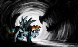 Size: 1000x599 | Tagged: artist:jamescorck, derpibooru import, imminent fight, monster, rainbow dash, semi-grimdark