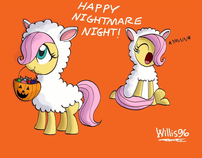 Size: 1024x800 | Tagged: artist:willisninety-six, candy, costume, cute, derpibooru import, fluttersheep, fluttershy, food, lamb, mouth hold, pumpkin bucket, safe, sheep, shyabetes, yawn