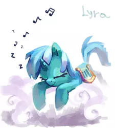 Size: 2586x2874 | Tagged: safe, artist:holivi, derpibooru import, lyra heartstrings, pony, unicorn, cloud, lyre, sleeping, solo, zzz