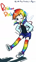 Size: 700x1181 | Tagged: artist:junkiemilk, blushing, clothes, converse, cute, derpibooru import, floating wings, humanized, looking at you, open mouth, rainbow dash, rainbow socks, safe, shoes, shorts, smiling, socks, solo, striped socks, winged humanization, wink