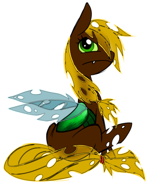 Size: 600x728 | Tagged: applejack, artist:sakuyamon, brown changeling, changeling, changelingified, derpibooru import, female, looking over shoulder, safe, simple background, sitting, solo, species swap, transparent background