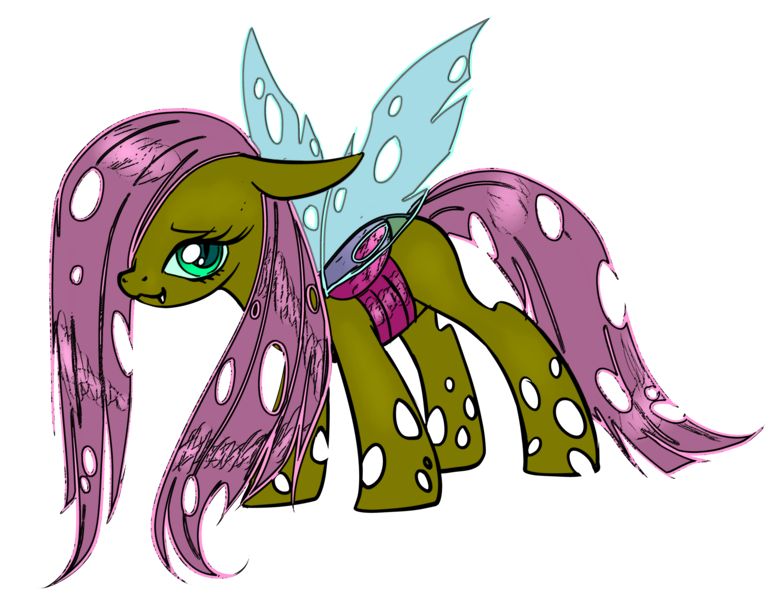 Size: 5784x4470 | Tagged: :3, absurd resolution, artist:sakuyamon, changeling, changelingified, derpibooru import, fangs, female, floppy ears, flutterling, fluttershy, hair over one eye, looking at you, safe, simple background, smiling, solo, species swap, transparent background, vector