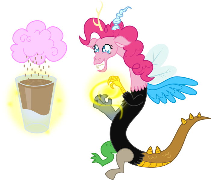 Size: 1275x1092 | Tagged: alligator, artist:zimvader42, chocolate milk, chocolate rain, cotton candy, cotton candy cloud, cranky doodle donkey, crocodile, derpibooru import, diamond dog, discord, donkey, draconequified, draconequus, fido, food, glass, grin, gummy, hydra, magic, multiple heads, parasprite, pinkie pie, pinkonequus, safe, simple background, smiling, species swap, squee, transparent background, xk-class end-of-the-world scenario