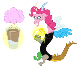 Size: 1275x1092 | Tagged: alligator, artist:zimvader42, chocolate milk, chocolate rain, cotton candy, cotton candy cloud, cranky doodle donkey, crocodile, derpibooru import, diamond dog, discord, donkey, draconequified, draconequus, fido, food, glass, grin, gummy, hydra, magic, multiple heads, parasprite, pinkie pie, pinkonequus, safe, simple background, smiling, species swap, squee, transparent background, xk-class end-of-the-world scenario