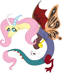Size: 900x1061 | Tagged: safe, artist:zimvader42, derpibooru import, fluttershy, bear, cockatrice, draconequus, dragon, gryphon, manticore, rabbit, butterfly wings, chaos, draconequified, female, flutterequus, simple background, transparent background