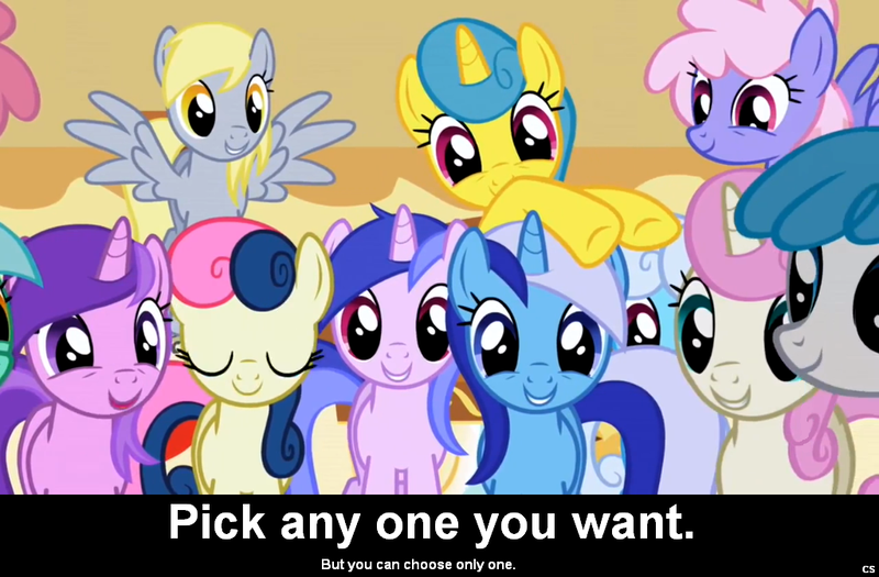 Size: 1024x672 | Tagged: safe, derpibooru import, amethyst star, bon bon, derpy hooves, dizzy twister, lemon hearts, lightning bolt, linky, minuette, orange swirl, rainbowshine, sea swirl, seafoam, shoeshine, sweetie drops, twinkleshine, white lightning, earth pony, pegasus, pony, unicorn, background pony, background pony audience, caption, crowd, cs captions, cute, female, mare