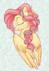 Size: 487x700 | Tagged: dead source, safe, artist:deepfriedrainbows, derpibooru import, fluttershy, alternate hairstyle, bust, flower in hair, profile