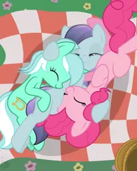 Size: 1024x1280 | Tagged: safe, artist:niggerfaggot, derpibooru import, lyra heartstrings, pinkie pie, sapphire joy, crystal pony, earth pony, pony, unicorn, the crystal empire, cute, diapinkes, female, hug, mare, sleeping