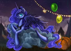 Size: 1900x1363 | Tagged: safe, artist:nyarmarr, derpibooru import, princess luna, alicorn, pony, balloon, cloud, nightmare night, pumpkin, smiling, solo