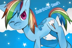 Size: 900x600 | Tagged: safe, artist:mochaa-desu, derpibooru import, rainbow dash, pony, one eye closed, solo