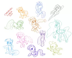 Size: 1000x804 | Tagged: safe, artist:naroclie, derpibooru import, applejack, derpy hooves, fluttershy, pinkie pie, princess celestia, rainbow dash, rarity, scootaloo, spike, twilight sparkle, vinyl scratch, alicorn, dragon, earth pony, pegasus, pony, unicorn, female, hat, male, mane seven, mane six, mare, simple background, white background